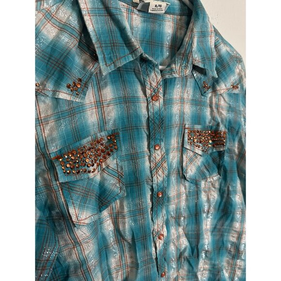 Ariat Women’s XL Fitted Western Snap Teal Plaid Studded Pockets Shirt - Picture 3 of 8